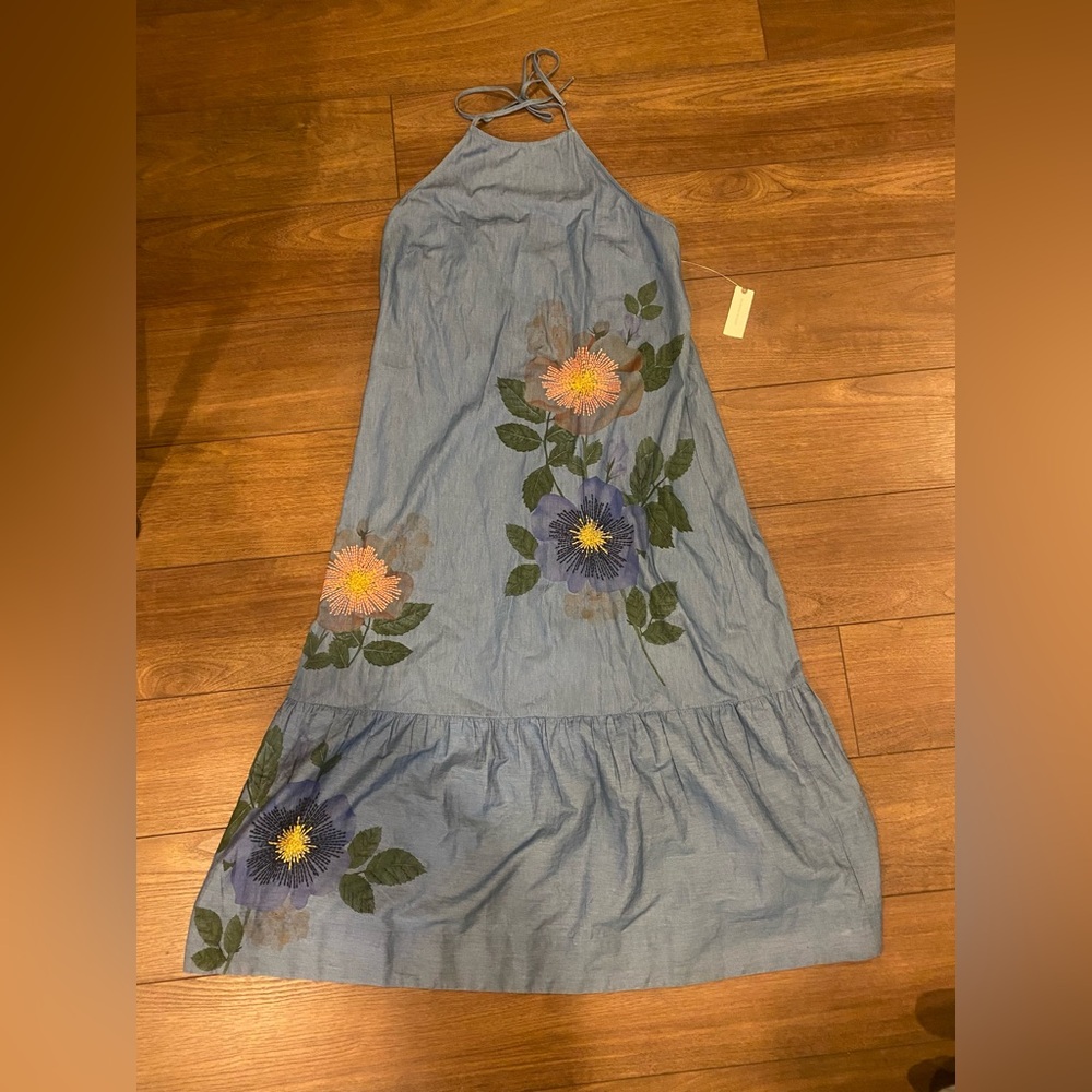 Anthropologie Pilcro Halter Embroidered Denim Midi Dress - Picture 5 of 11
